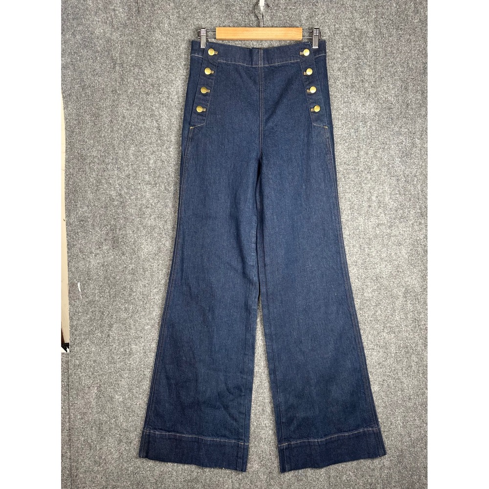 J.Crew Womens Sailor Button Denim Trouser 6 TALL Nautical Wide Leg Indigo Jeans - Picture 2 of 11